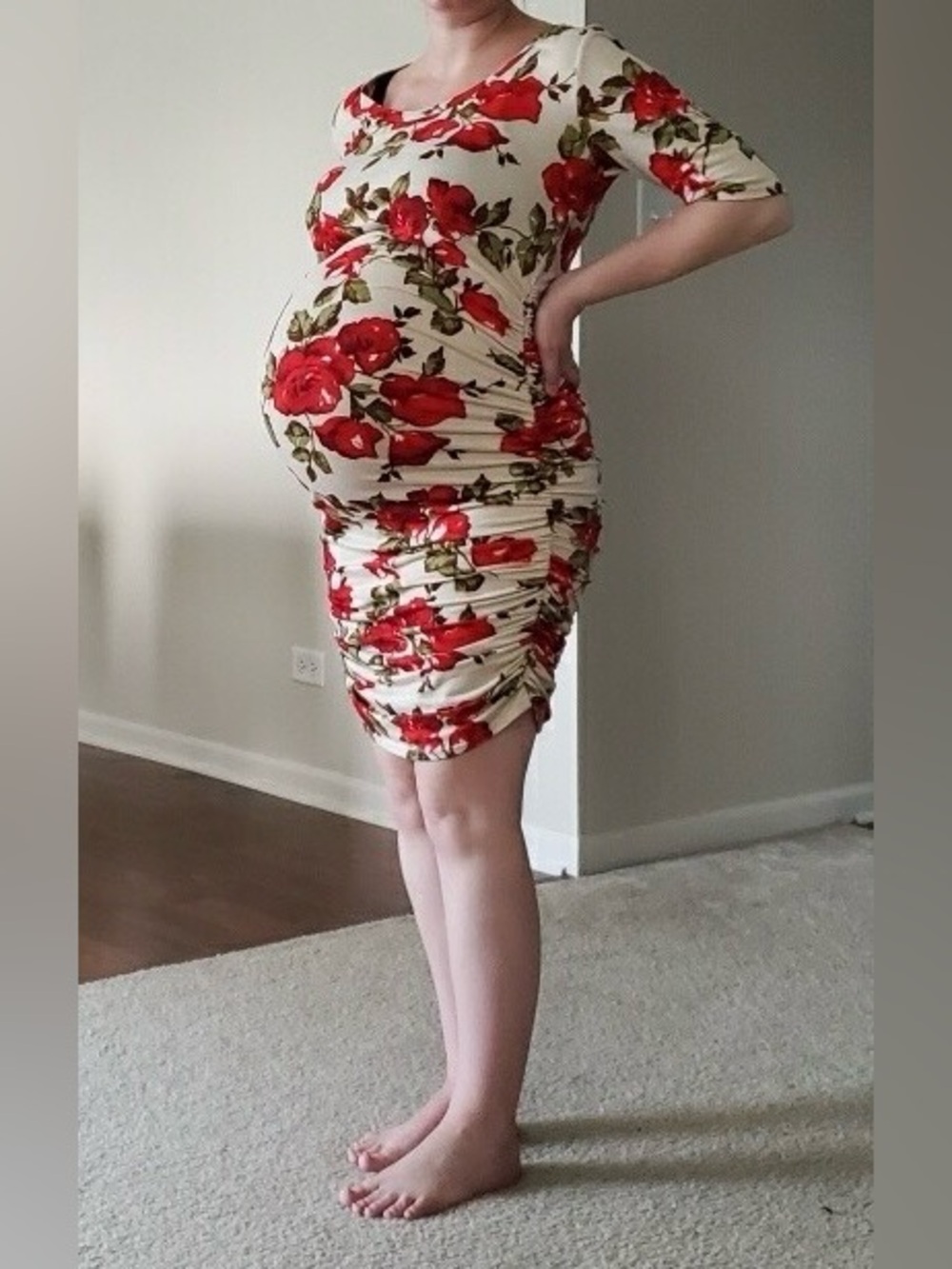 Maternity Red Floral/Cream Stretchy Dress, Scoop Neck, 2/3-Sleeves, Ruched Sides